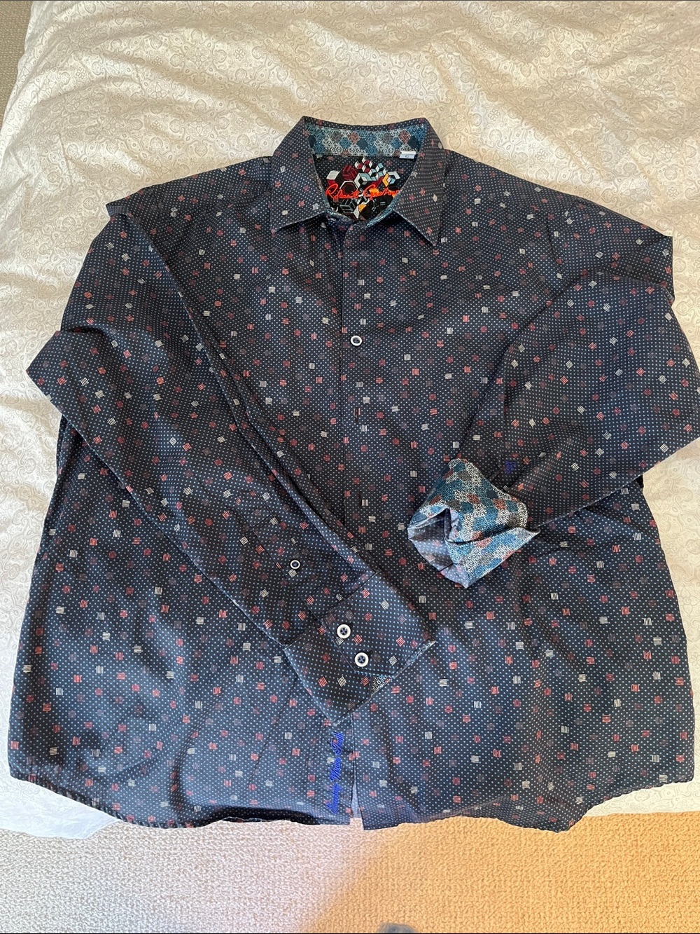 NWOT Robert Graham Navy Button-Down with Multicolor Geometric Embroidery Size L - Picture 8 of 11